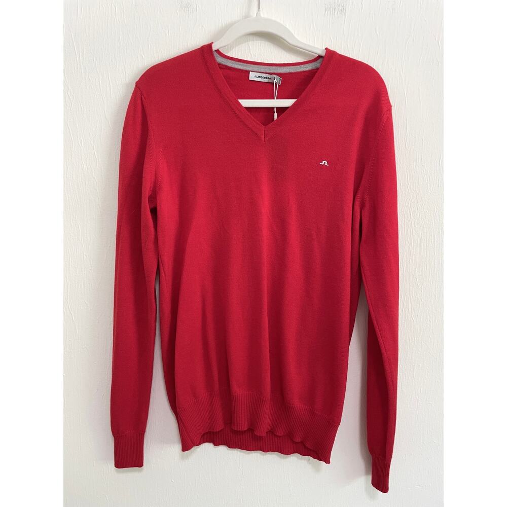 J. Lindeberg Mens Merino Wool V-Neck Pullover Sweater M Red Preppy Academia NWT
